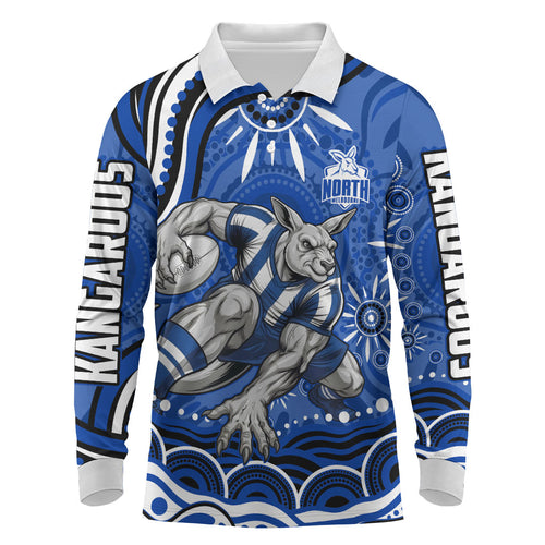Personalized North Melbourne Kangaroos Footy Mascot Long Sleeve Polo Shirt Aboriginal Dot Art - Dreamtime Football Mascot