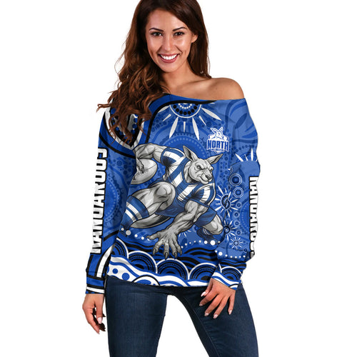 Personalized North Melbourne Kangaroos Footy Mascot Off Shoulder Sweater Aboriginal Dot Art - Dreamtime Football Mascot