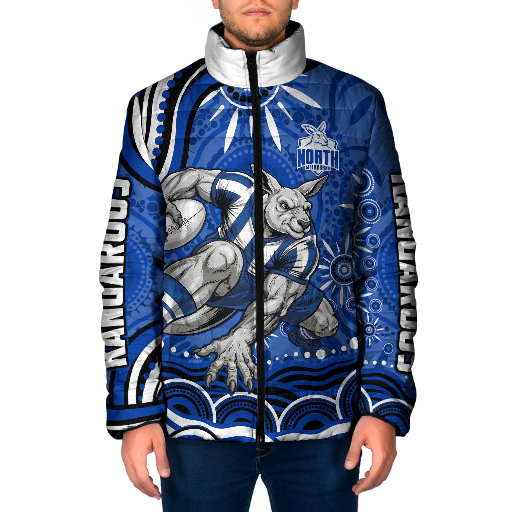 Personalized North Melbourne Kangaroos Footy Mascot Padded Jacket Aboriginal Dot Art - Dreamtime Football Mascot