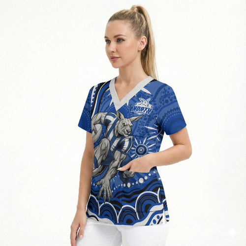 Personalized North Melbourne Kangaroos Footy Mascot Scrub Top Aboriginal Dot Art - Dreamtime Football Mascot