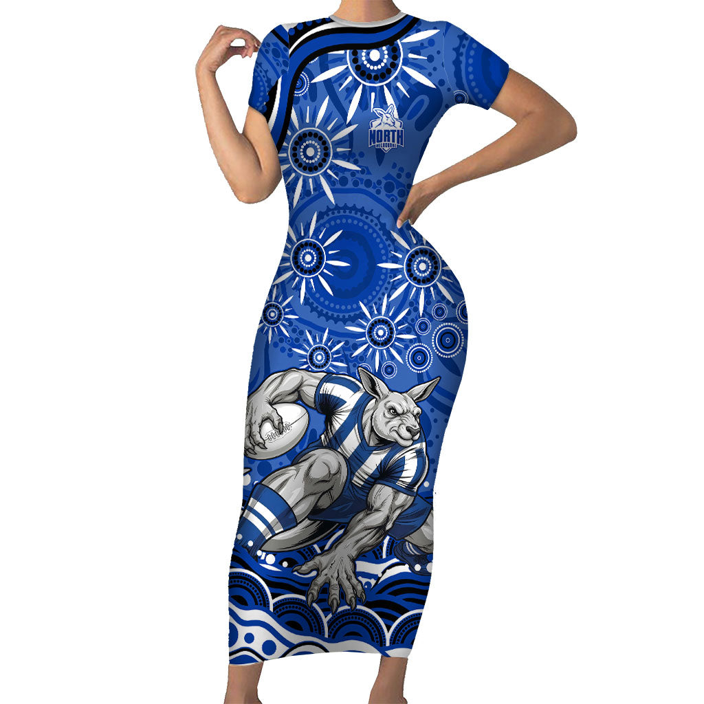 Personalized North Melbourne Kangaroos Footy Mascot Short Sleeve Bodycon Dress Aboriginal Dot Art - Dreamtime Football Mascot