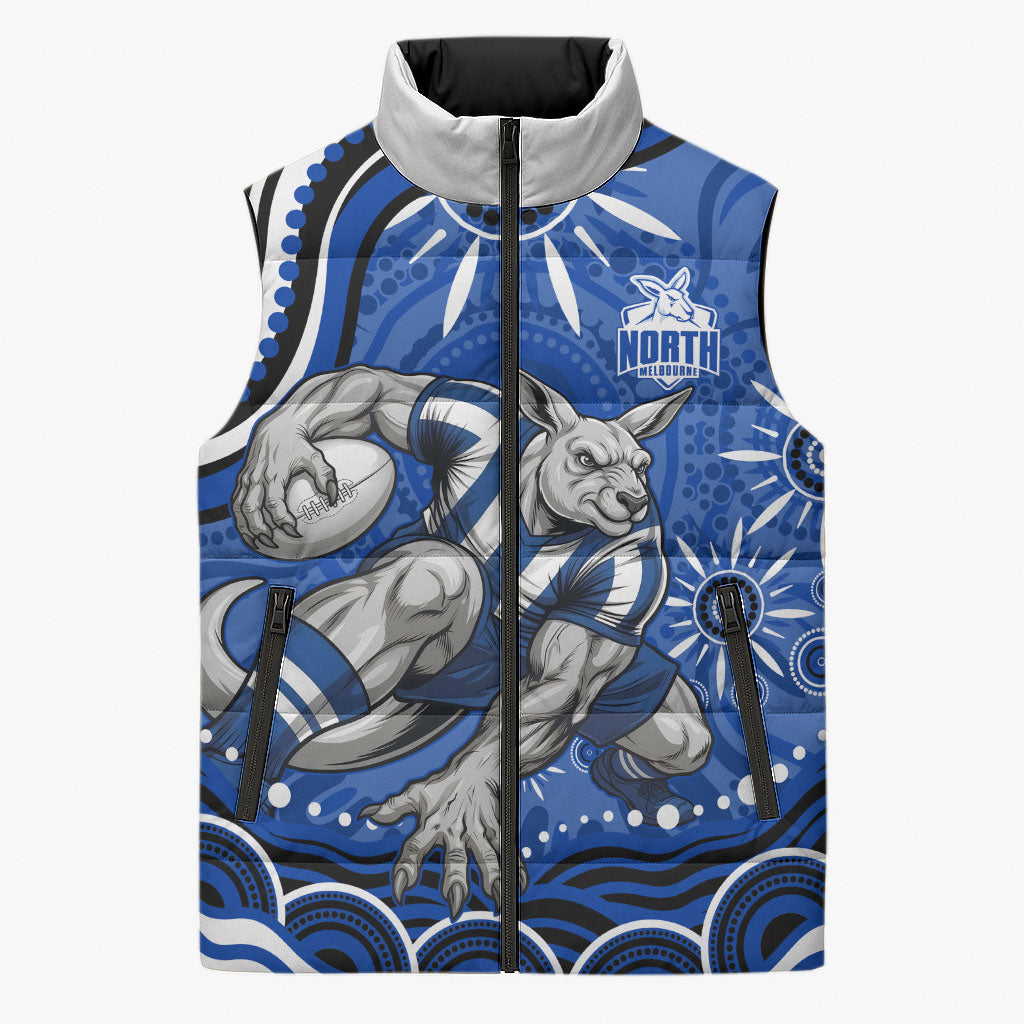 Personalized North Melbourne Kangaroos Footy Mascot Sleeveless Puffer Jacket Aboriginal Dot Art - Dreamtime Football Mascot