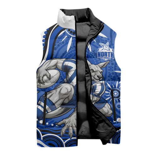 Personalized North Melbourne Kangaroos Footy Mascot Sleeveless Puffer Jacket Aboriginal Dot Art - Dreamtime Football Mascot