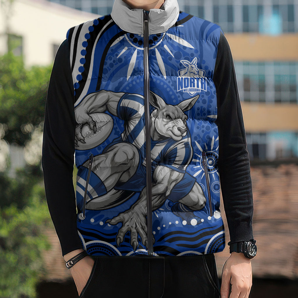 Personalized North Melbourne Kangaroos Footy Mascot Sleeveless Puffer Jacket Aboriginal Dot Art - Dreamtime Football Mascot