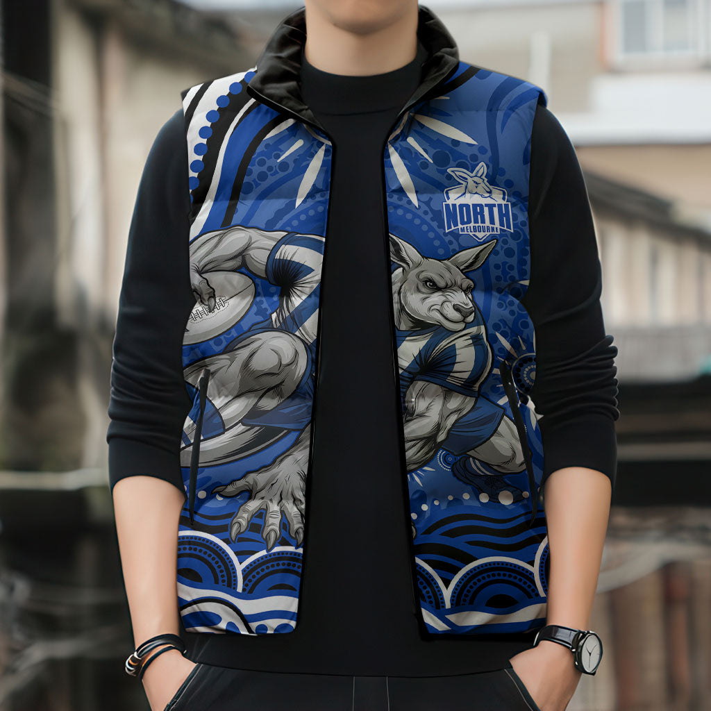 Personalized North Melbourne Kangaroos Footy Mascot Sleeveless Puffer Jacket Aboriginal Dot Art - Dreamtime Football Mascot