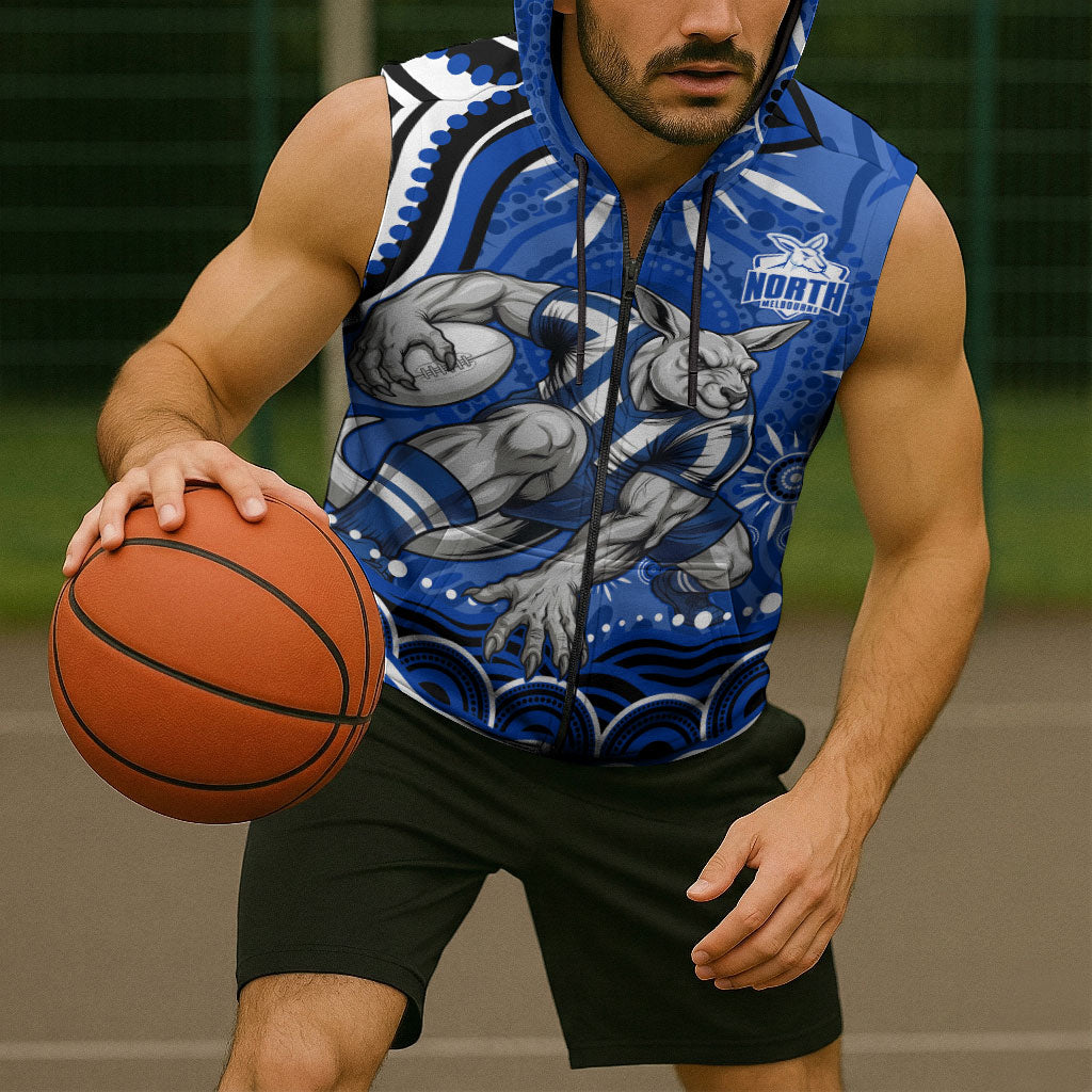Personalized North Melbourne Kangaroos Footy Mascot Sleeveless Zip Hoodie Aboriginal Dot Art - Dreamtime Football Mascot