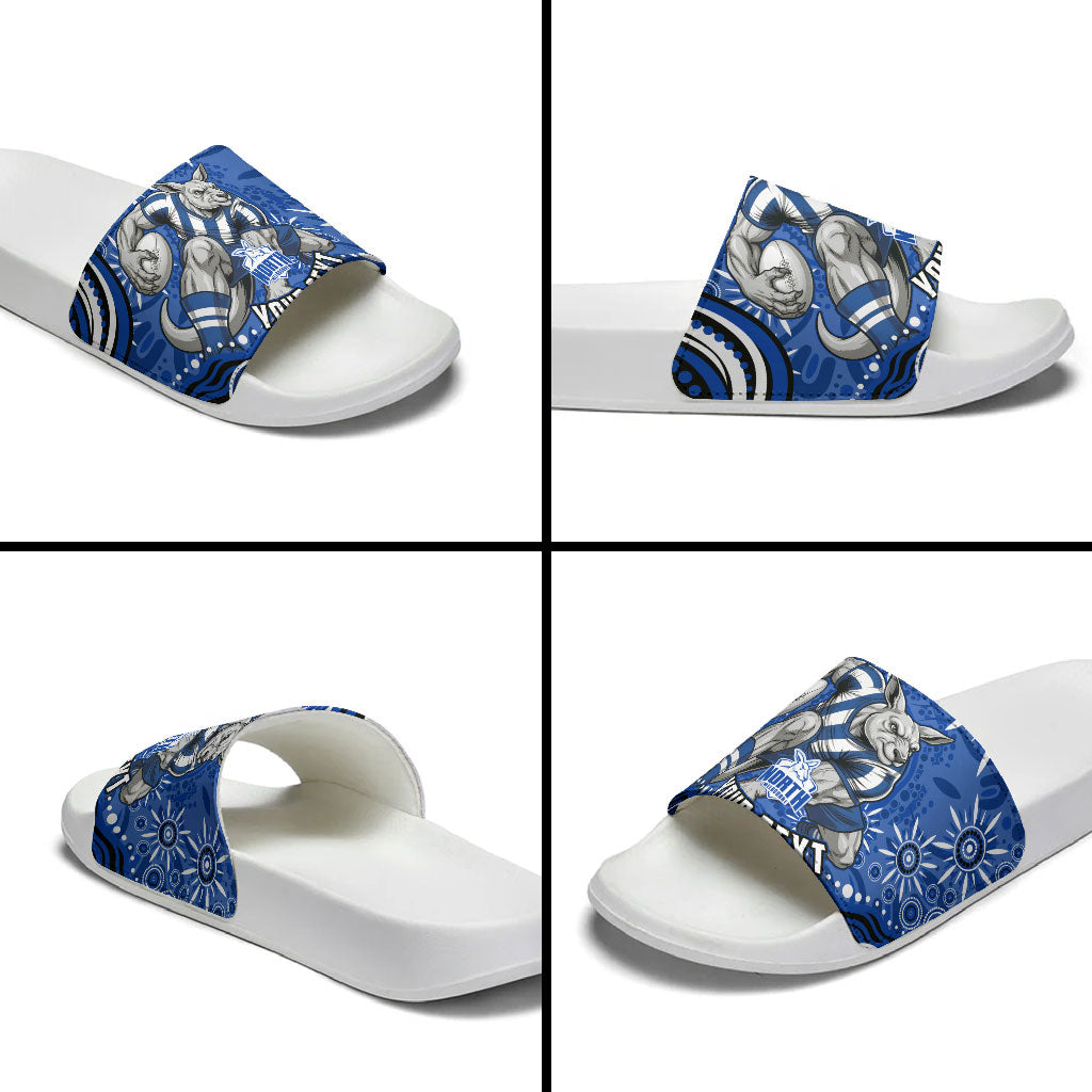 Personalized North Melbourne Kangaroos Footy Mascot Slide Sandals Aboriginal Dot Art - Dreamtime Football Mascot