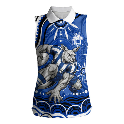 Personalized North Melbourne Kangaroos Footy Mascot Women Sleeveless Polo Shirt Aboriginal Dot Art - Dreamtime Football Mascot