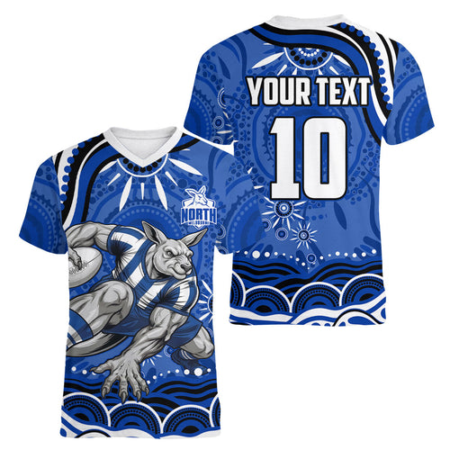 Personalized North Melbourne Kangaroos Footy Mascot Women V-Neck T-Shirt Aboriginal Dot Art - Dreamtime Football Mascot