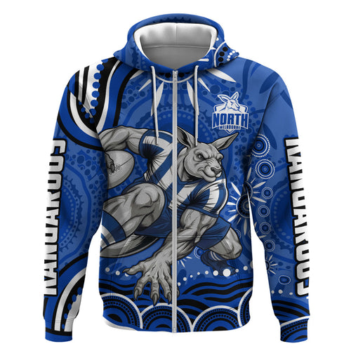 Personalized North Melbourne Kangaroos Footy Mascot Zip Hoodie Aboriginal Dot Art - Dreamtime Football Mascot