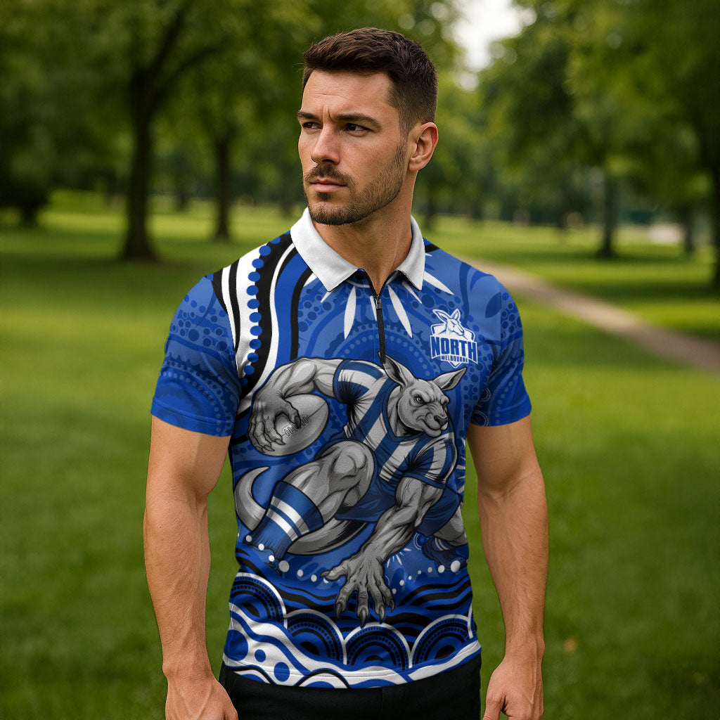 Personalized North Melbourne Kangaroos Footy Mascot Zipper Polo Shirt Aboriginal Dot Art - Dreamtime Football Mascot