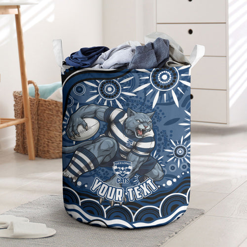 Personalized Geelong Cats Rugby Mascot Laundry Basket Aboriginal Dot Art - Dreamtime Football Mascot