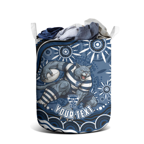 Personalized Geelong Cats Rugby Mascot Laundry Basket Aboriginal Dot Art - Dreamtime Football Mascot