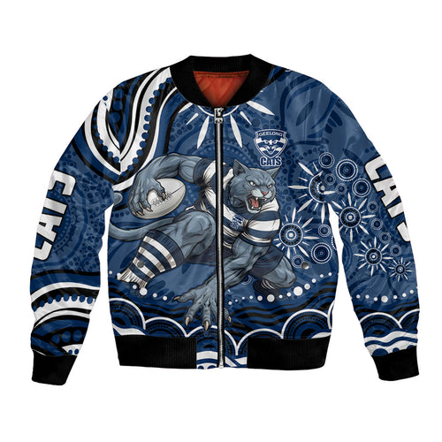 Personalized Geelong Cats Rugby Mascot Bomber Jacket Aboriginal Dot Art - Dreamtime Football Mascot