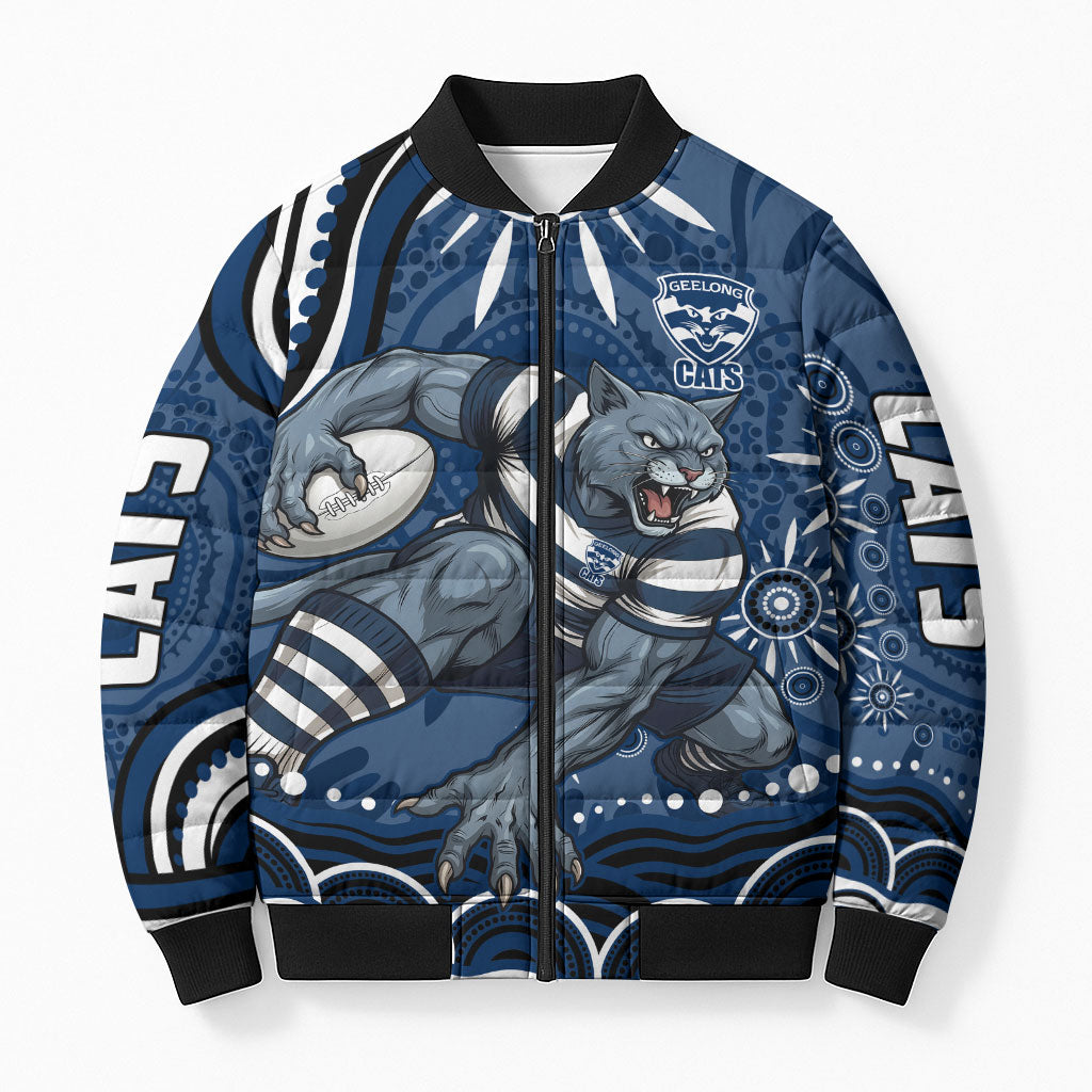 Personalized Geelong Cats Rugby Mascot Bomber Puffer Jacket Aboriginal Dot Art - Dreamtime Football Mascot