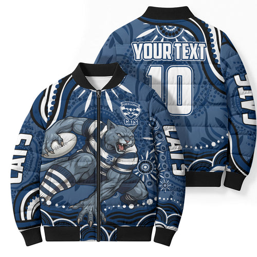 Personalized Geelong Cats Rugby Mascot Bomber Puffer Jacket Aboriginal Dot Art - Dreamtime Football Mascot