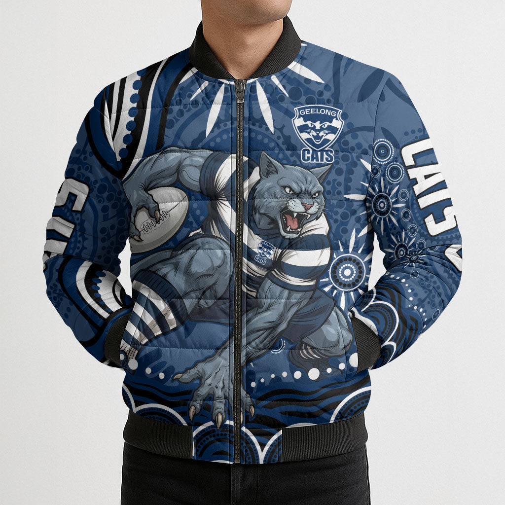 Personalized Geelong Cats Rugby Mascot Bomber Puffer Jacket Aboriginal Dot Art - Dreamtime Football Mascot
