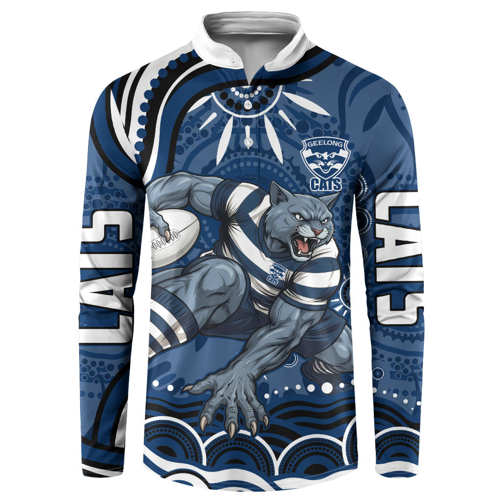 Personalized Geelong Cats Rugby Mascot Button Sweatshirt Aboriginal Dot Art - Dreamtime Football Mascot