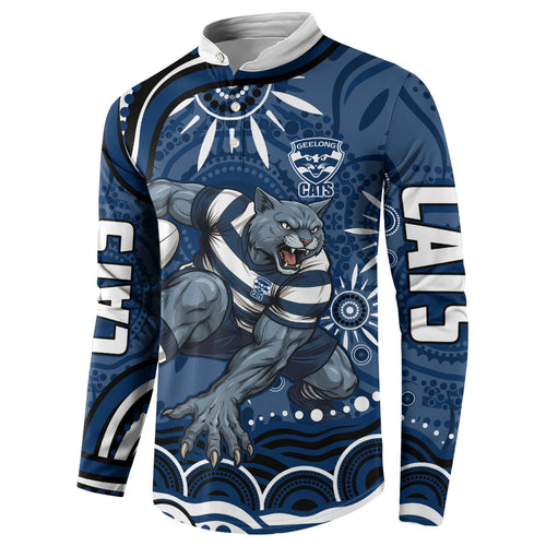 Personalized Geelong Cats Rugby Mascot Button Sweatshirt Aboriginal Dot Art - Dreamtime Football Mascot