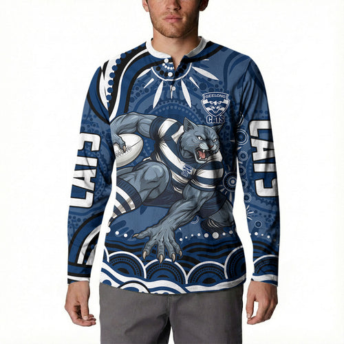Personalized Geelong Cats Rugby Mascot Button Sweatshirt Aboriginal Dot Art - Dreamtime Football Mascot