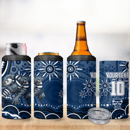 Personalized Geelong Cats Rugby Mascot 4 in 1 Can Cooler Tumbler Aboriginal Dot Art - Dreamtime Football Mascot