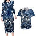 Personalized Geelong Cats Rugby Mascot Couples Matching Long Sleeve Bodycon Dress and Hawaiian Shirt Aboriginal Dot Art - Dreamtime Football Mascot