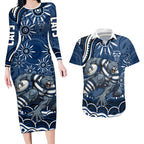 Personalized Geelong Cats Rugby Mascot Couples Matching Long Sleeve Bodycon Dress and Hawaiian Shirt Aboriginal Dot Art - Dreamtime Football Mascot