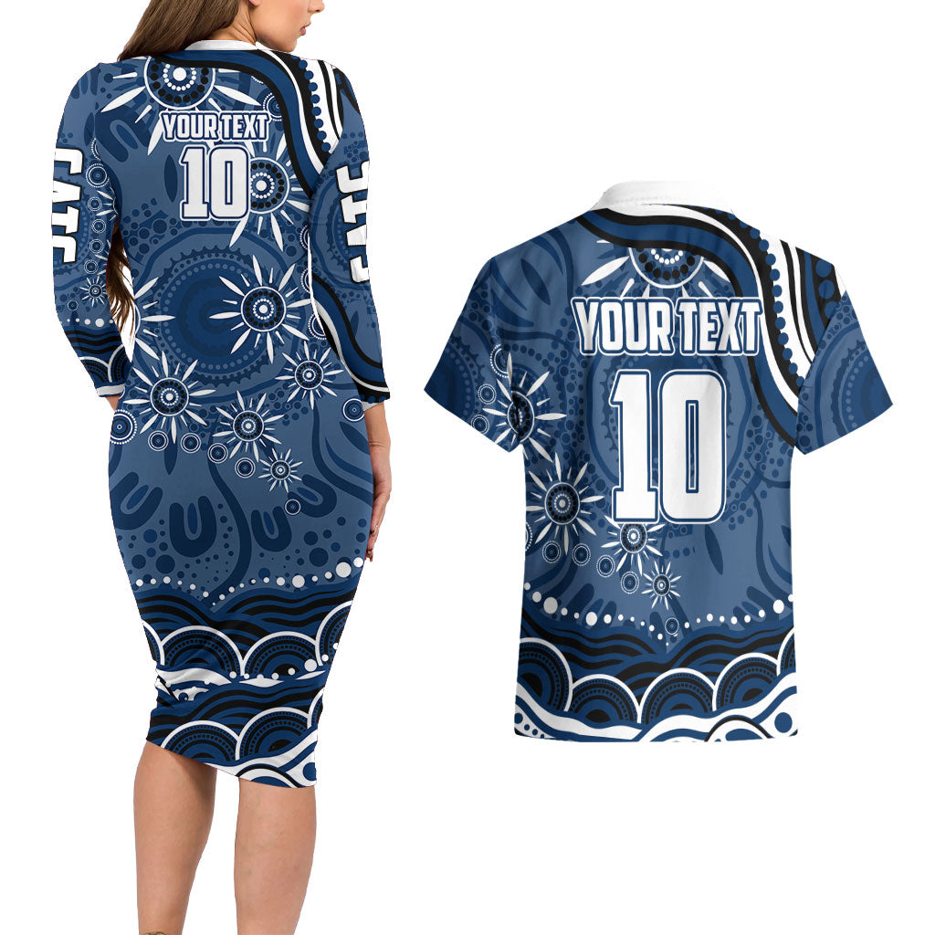 Personalized Geelong Cats Rugby Mascot Couples Matching Long Sleeve Bodycon Dress and Hawaiian Shirt Aboriginal Dot Art - Dreamtime Football Mascot