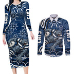 Personalized Geelong Cats Rugby Mascot Couples Matching Long Sleeve Bodycon Dress and Long Sleeve Button Shirt Aboriginal Dot Art - Dreamtime Football Mascot