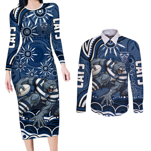 Personalized Geelong Cats Rugby Mascot Couples Matching Long Sleeve Bodycon Dress and Long Sleeve Button Shirt Aboriginal Dot Art - Dreamtime Football Mascot