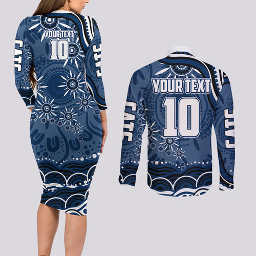 Personalized Geelong Cats Rugby Mascot Couples Matching Long Sleeve Bodycon Dress and Long Sleeve Button Shirt Aboriginal Dot Art - Dreamtime Football Mascot