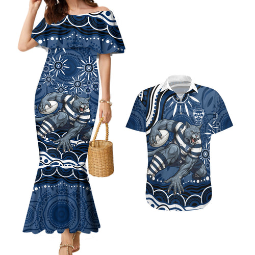 Personalized Geelong Cats Rugby Mascot Couples Matching Mermaid Dress and Hawaiian Shirt Aboriginal Dot Art - Dreamtime Football Mascot