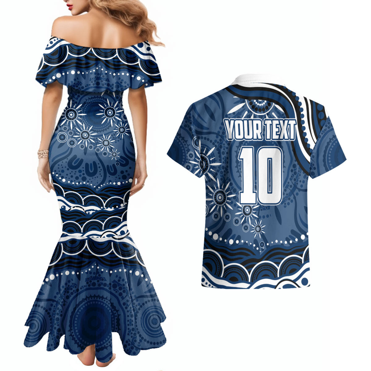Personalized Geelong Cats Rugby Mascot Couples Matching Mermaid Dress and Hawaiian Shirt Aboriginal Dot Art - Dreamtime Football Mascot