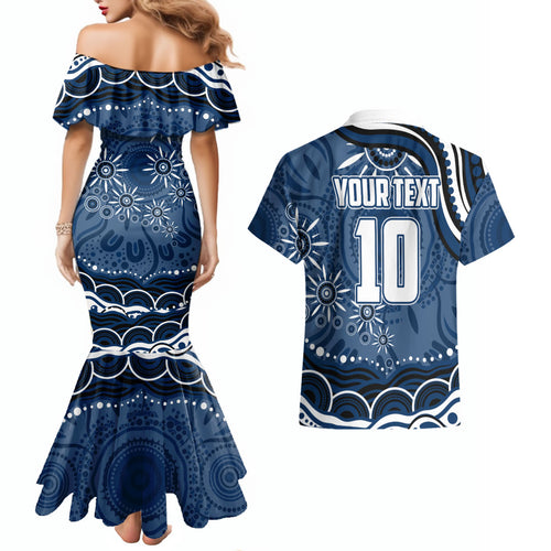Personalized Geelong Cats Rugby Mascot Couples Matching Mermaid Dress and Hawaiian Shirt Aboriginal Dot Art - Dreamtime Football Mascot