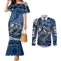 Personalized Geelong Cats Rugby Mascot Couples Matching Mermaid Dress and Long Sleeve Button Shirt Aboriginal Dot Art - Dreamtime Football Mascot