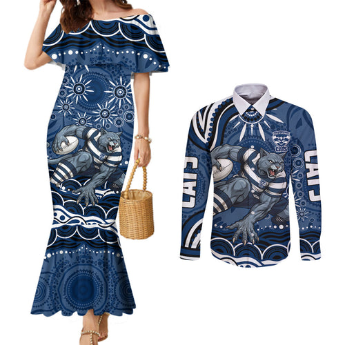 Personalized Geelong Cats Rugby Mascot Couples Matching Mermaid Dress and Long Sleeve Button Shirt Aboriginal Dot Art - Dreamtime Football Mascot