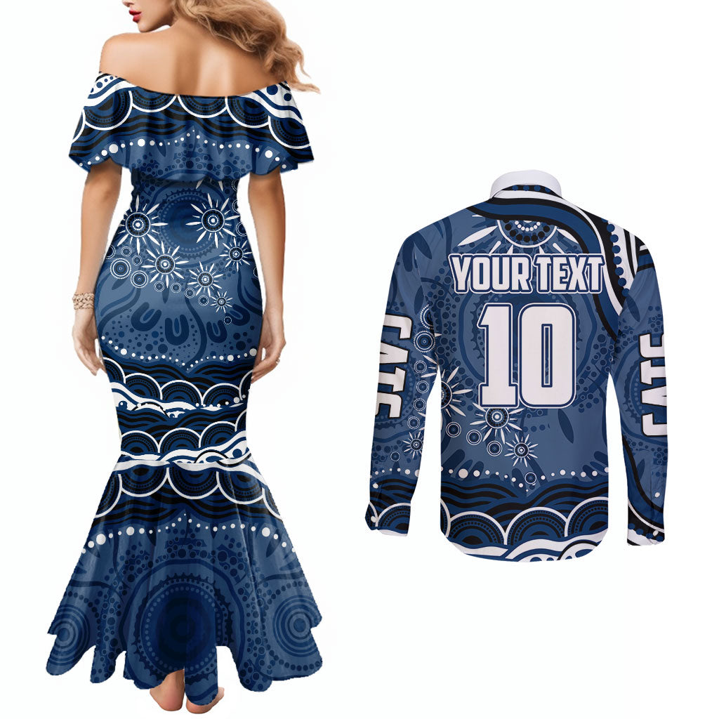 Personalized Geelong Cats Rugby Mascot Couples Matching Mermaid Dress and Long Sleeve Button Shirt Aboriginal Dot Art - Dreamtime Football Mascot
