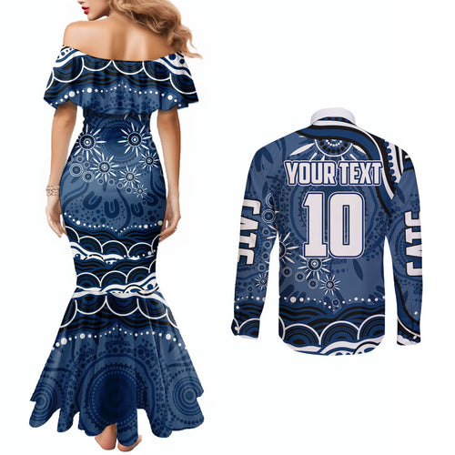 Personalized Geelong Cats Rugby Mascot Couples Matching Mermaid Dress and Long Sleeve Button Shirt Aboriginal Dot Art - Dreamtime Football Mascot