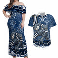 Personalized Geelong Cats Rugby Mascot Couples Matching Off Shoulder Maxi Dress and Hawaiian Shirt Aboriginal Dot Art - Dreamtime Football Mascot