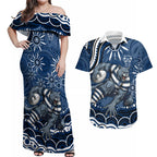 Personalized Geelong Cats Rugby Mascot Couples Matching Off Shoulder Maxi Dress and Hawaiian Shirt Aboriginal Dot Art - Dreamtime Football Mascot