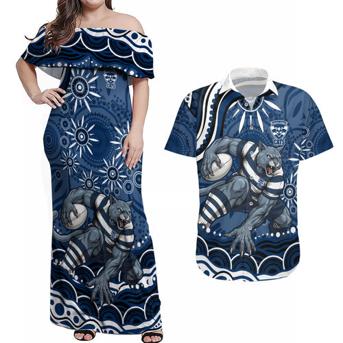 Personalized Geelong Cats Rugby Mascot Couples Matching Off Shoulder Maxi Dress and Hawaiian Shirt Aboriginal Dot Art - Dreamtime Football Mascot