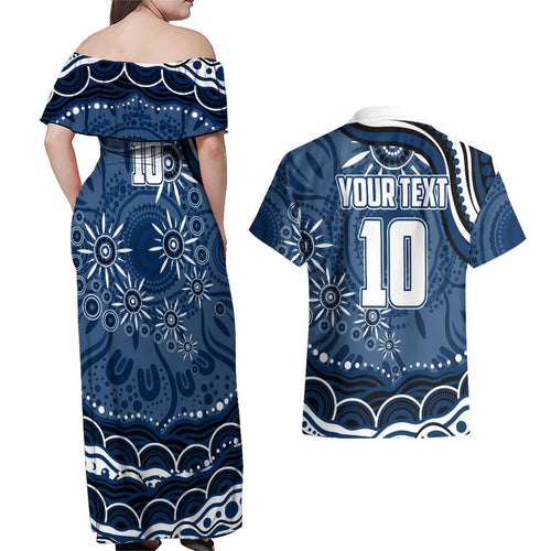 Personalized Geelong Cats Rugby Mascot Couples Matching Off Shoulder Maxi Dress and Hawaiian Shirt Aboriginal Dot Art - Dreamtime Football Mascot