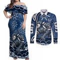 Personalized Geelong Cats Rugby Mascot Couples Matching Off Shoulder Maxi Dress and Long Sleeve Button Shirt Aboriginal Dot Art - Dreamtime Football Mascot