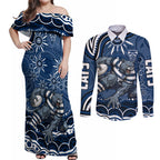 Personalized Geelong Cats Rugby Mascot Couples Matching Off Shoulder Maxi Dress and Long Sleeve Button Shirt Aboriginal Dot Art - Dreamtime Football Mascot