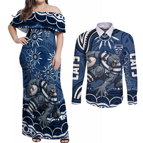 Personalized Geelong Cats Rugby Mascot Couples Matching Off Shoulder Maxi Dress and Long Sleeve Button Shirt Aboriginal Dot Art - Dreamtime Football Mascot