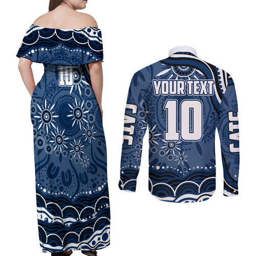 Personalized Geelong Cats Rugby Mascot Couples Matching Off Shoulder Maxi Dress and Long Sleeve Button Shirt Aboriginal Dot Art - Dreamtime Football Mascot