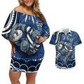 Personalized Geelong Cats Rugby Mascot Couples Matching Off Shoulder Short Dress and Hawaiian Shirt Aboriginal Dot Art - Dreamtime Football Mascot