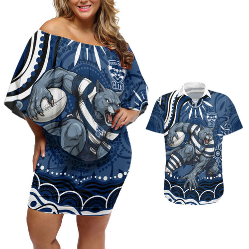 Personalized Geelong Cats Rugby Mascot Couples Matching Off Shoulder Short Dress and Hawaiian Shirt Aboriginal Dot Art - Dreamtime Football Mascot