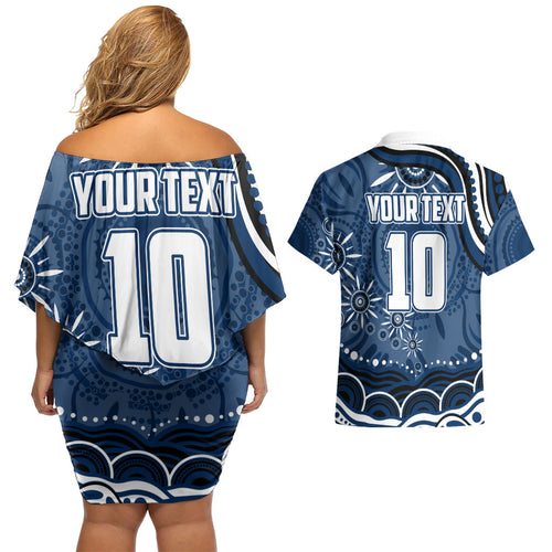 Personalized Geelong Cats Rugby Mascot Couples Matching Off Shoulder Short Dress and Hawaiian Shirt Aboriginal Dot Art - Dreamtime Football Mascot