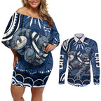 Personalized Geelong Cats Rugby Mascot Couples Matching Off Shoulder Short Dress and Long Sleeve Button Shirt Aboriginal Dot Art - Dreamtime Football Mascot